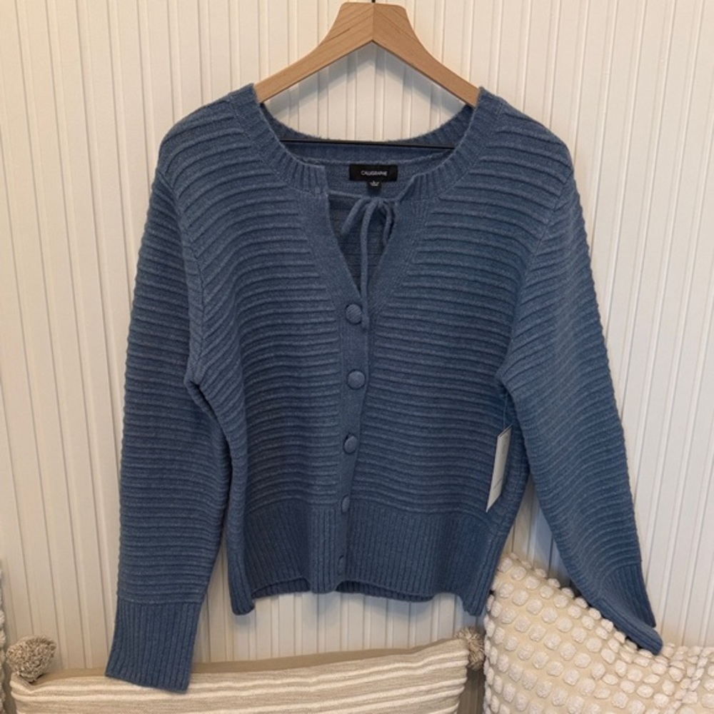 Calligraphy Blue Ribbed Botton Down Cardigan